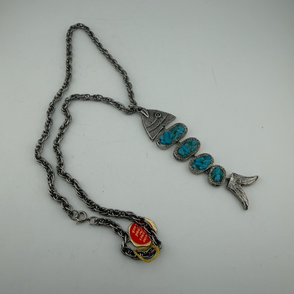 Artistic Silver Tone Genuine Turquoise Fish Articulated Pendant Necklace